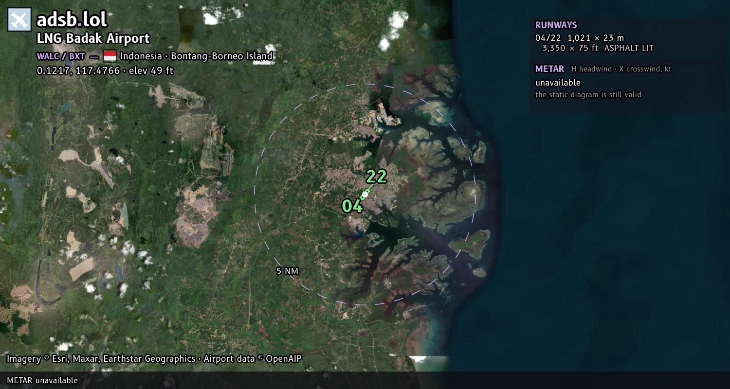 Satellite map with the runway layout of LNG Badak Airport (WALC)