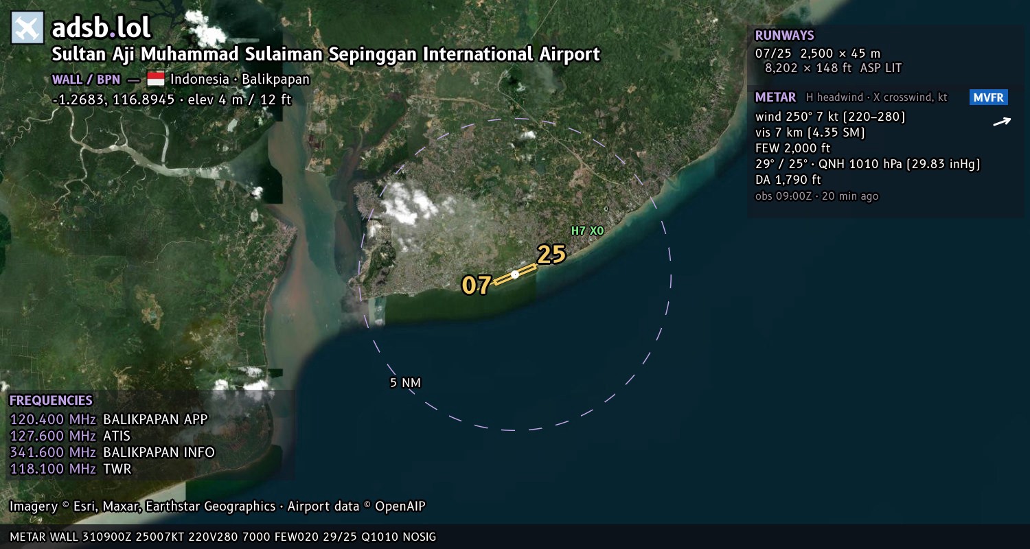 Satellite map with the runway layout of Sultan Aji Muhammad Sulaiman Sepinggan International Airport (WALL)