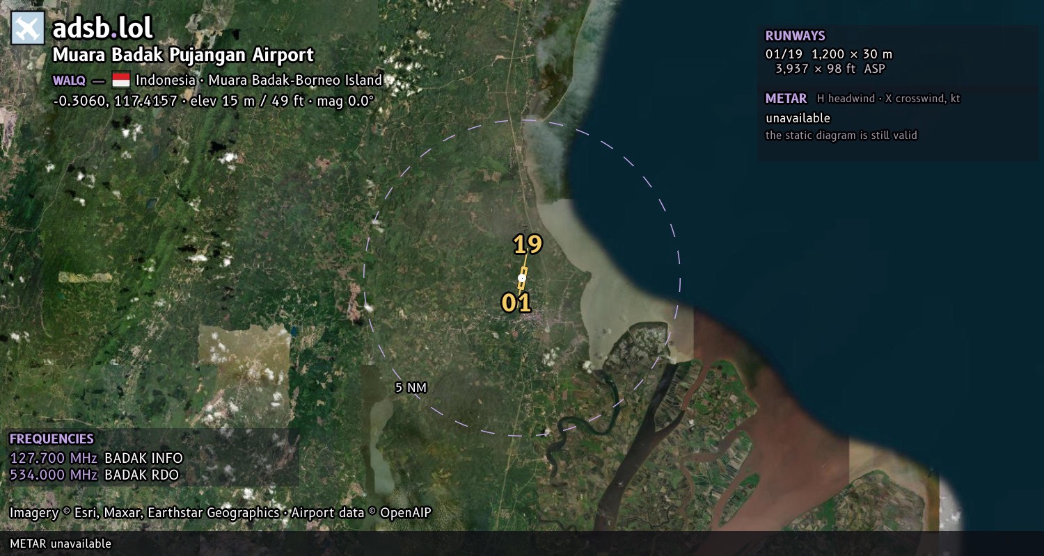 Satellite map with the runway layout of Muara Badak Pujangan Airport (WALQ)