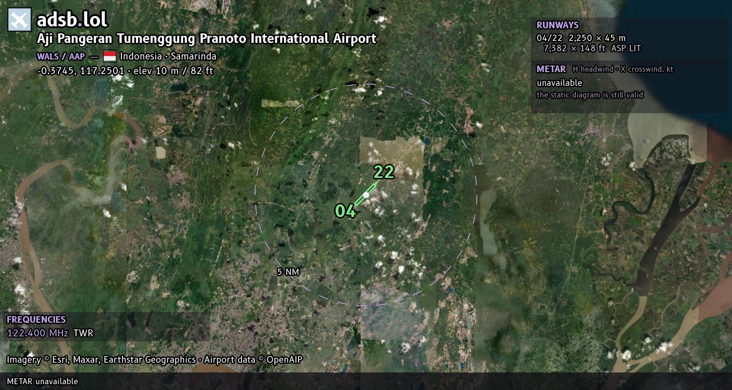 Satellite map with the runway layout of Aji Pangeran Tumenggung Pranoto International Airport (WALS)
