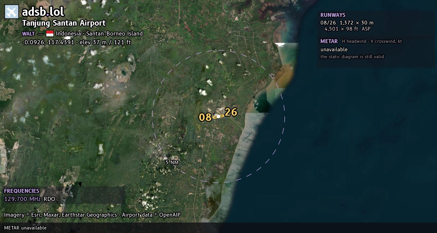 Satellite map with the runway layout of Tanjung Santan Airport (WALT)