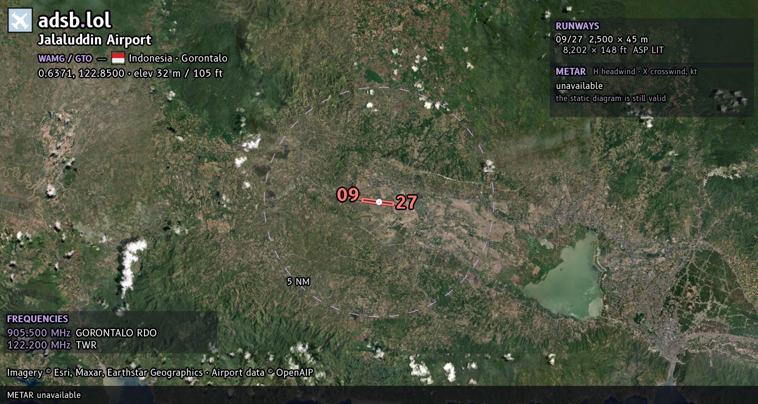Satellite map with the runway layout of Jalaluddin Airport (WAMG)