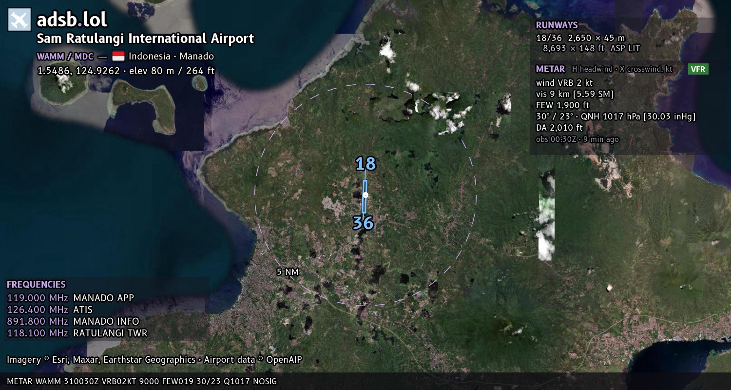 Satellite map with the runway layout of Sam Ratulangi International Airport (WAMM)