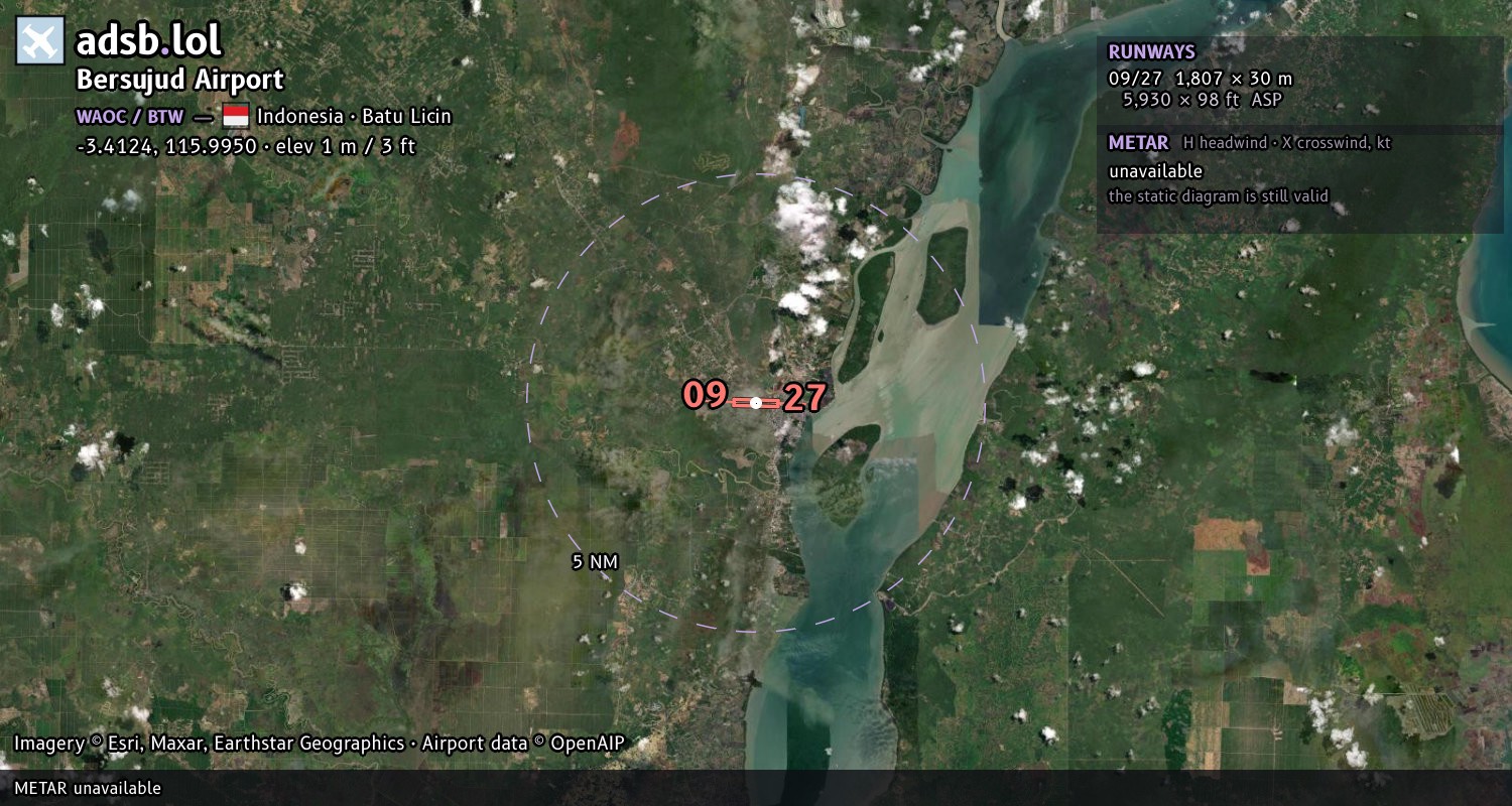Satellite map with the runway layout of Bersujud Airport (WAOC)