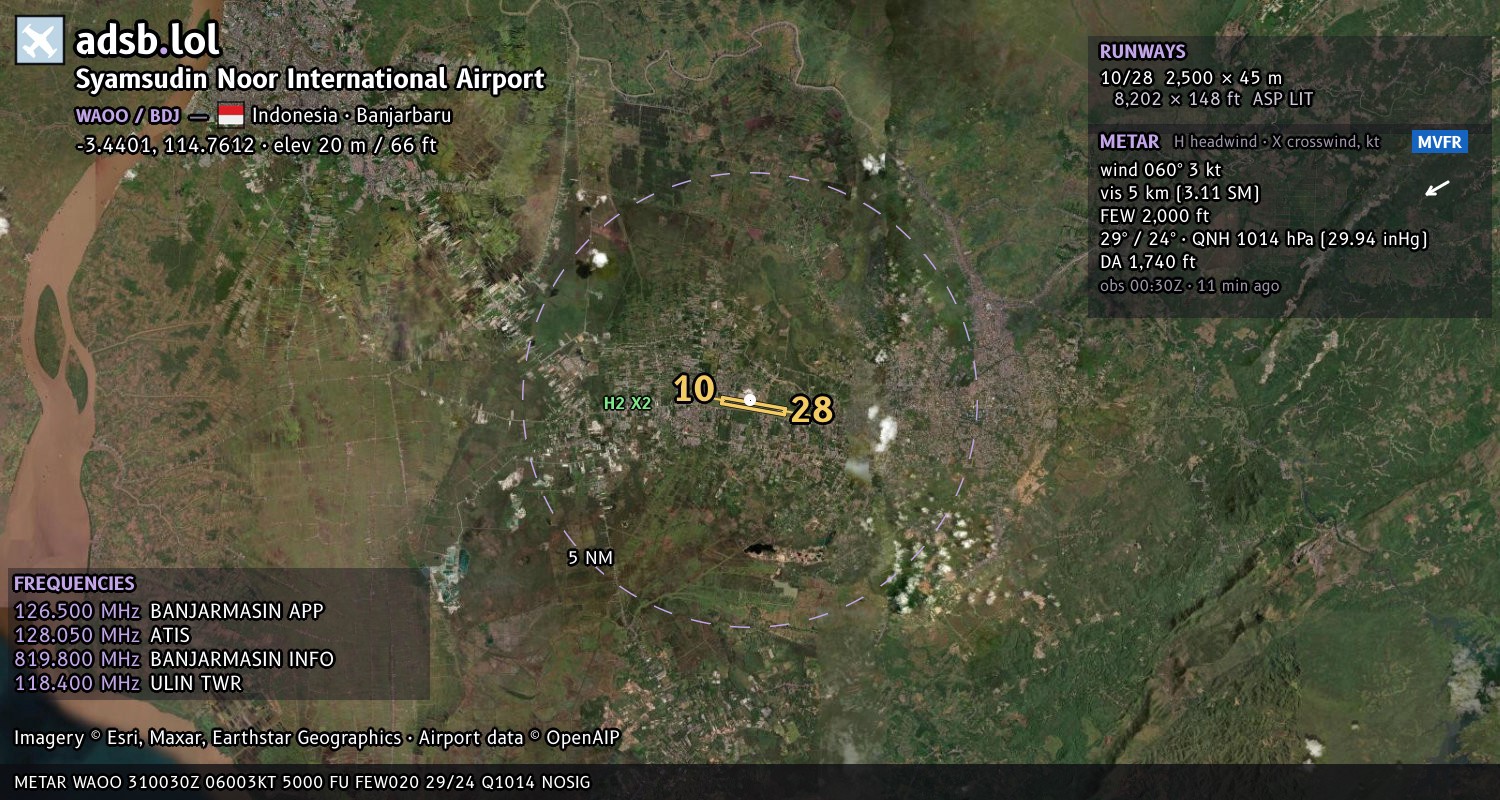 Satellite map with the runway layout of Syamsudin Noor International Airport (WAOO)