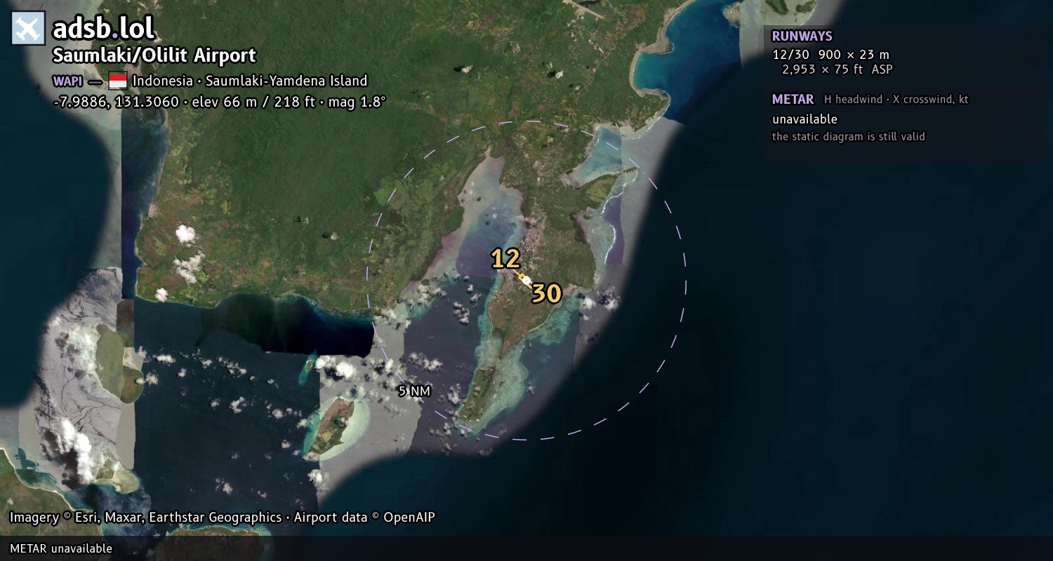 Satellite map with the runway layout of Saumlaki/Olilit Airport (WAPI)