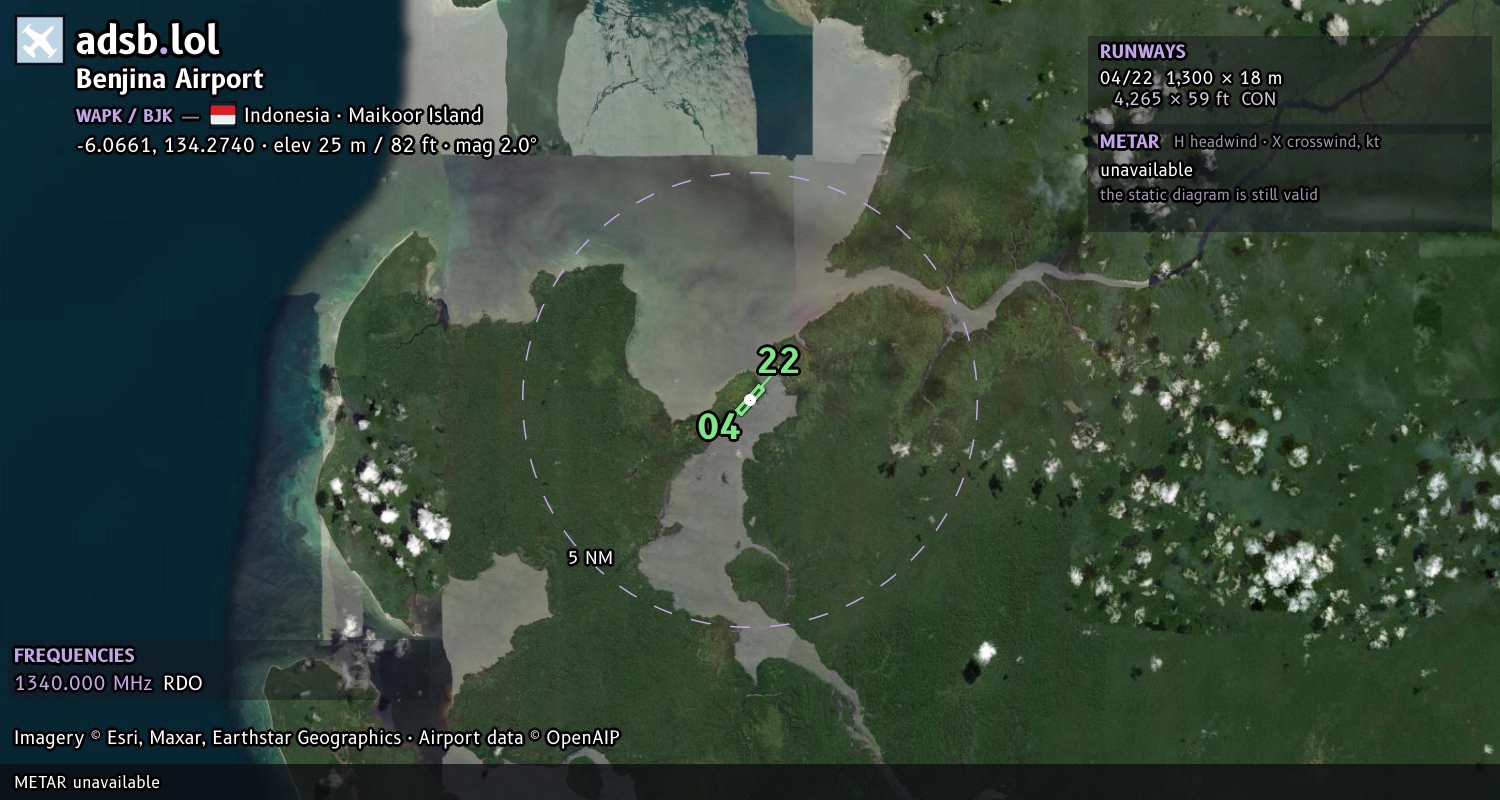 Satellite map with the runway layout of Benjina Airport (WAPK)