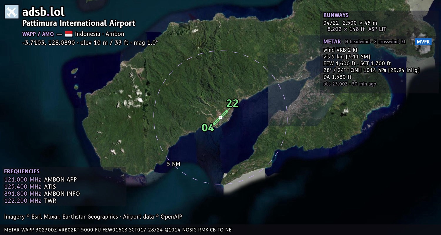 Satellite map with the runway layout of Pattimura International Airport (WAPP)