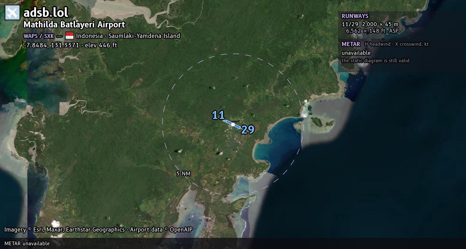 Satellite map with the runway layout of Mathilda Batlayeri Airport (WAPS)