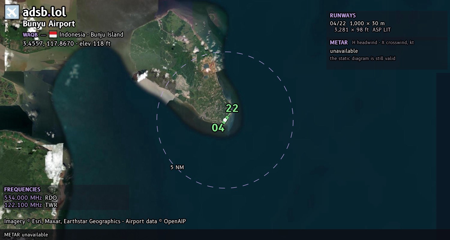 Satellite map with the runway layout of Bunyu Airport (WAQB)