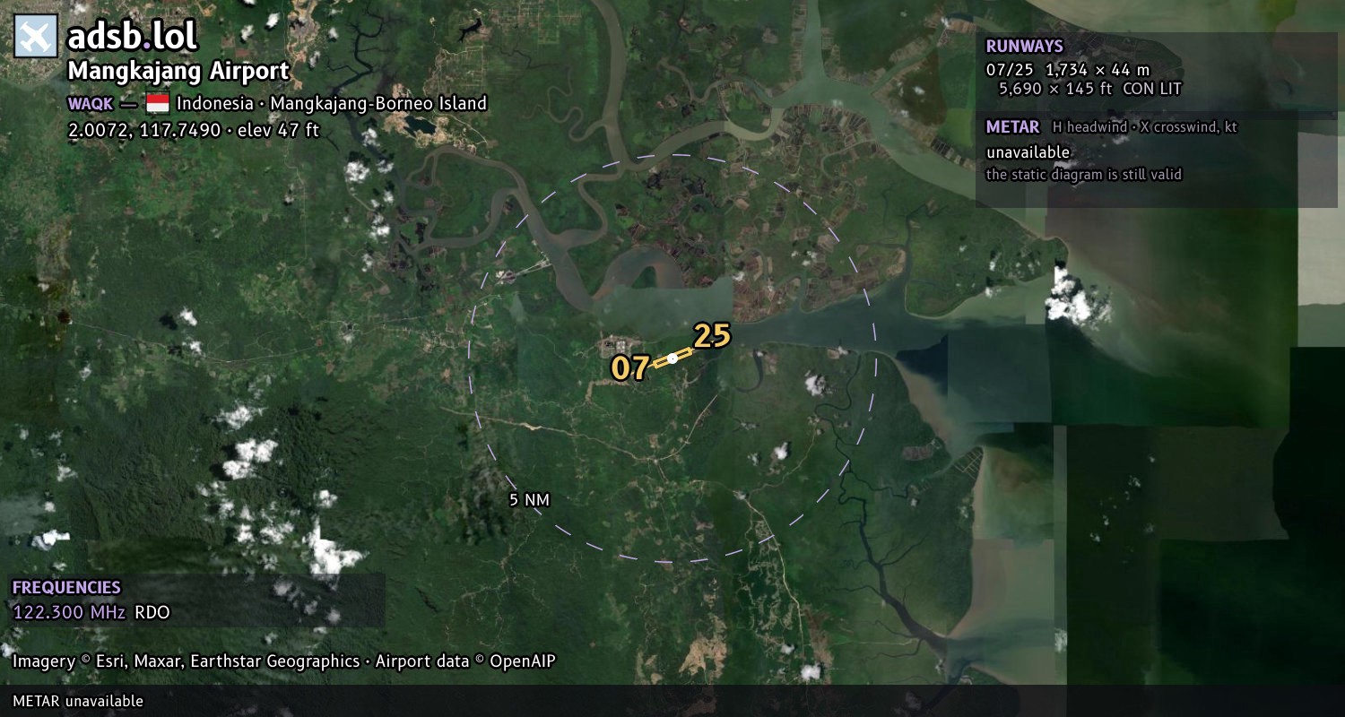 Satellite map with the runway layout of Mangkajang Airport (WAQK)