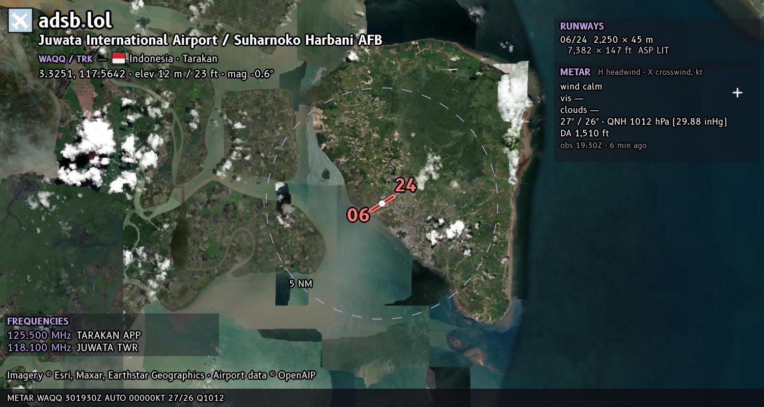 Satellite map with the runway layout of Juwata International Airport / Suharnoko Harbani AFB (WAQQ)