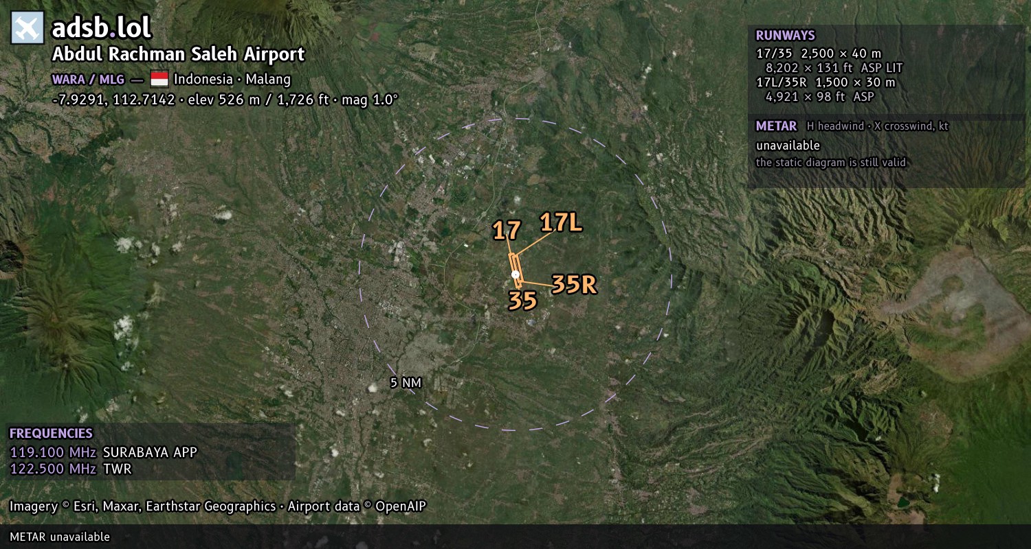 Satellite map with the runway layout of Abdul Rachman Saleh Airport (WARA)