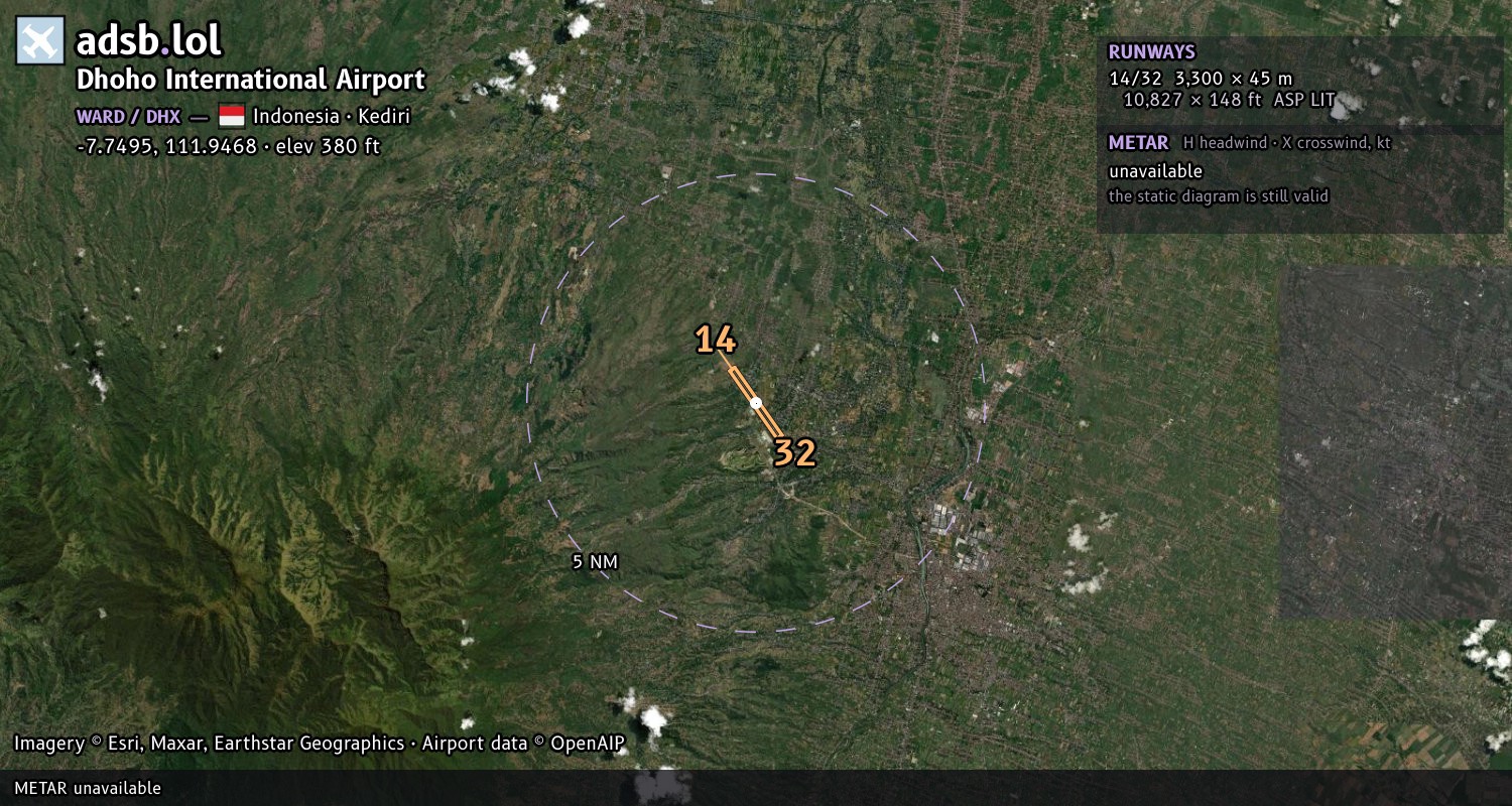 Satellite map with the runway layout of Dhoho International Airport (WARD)