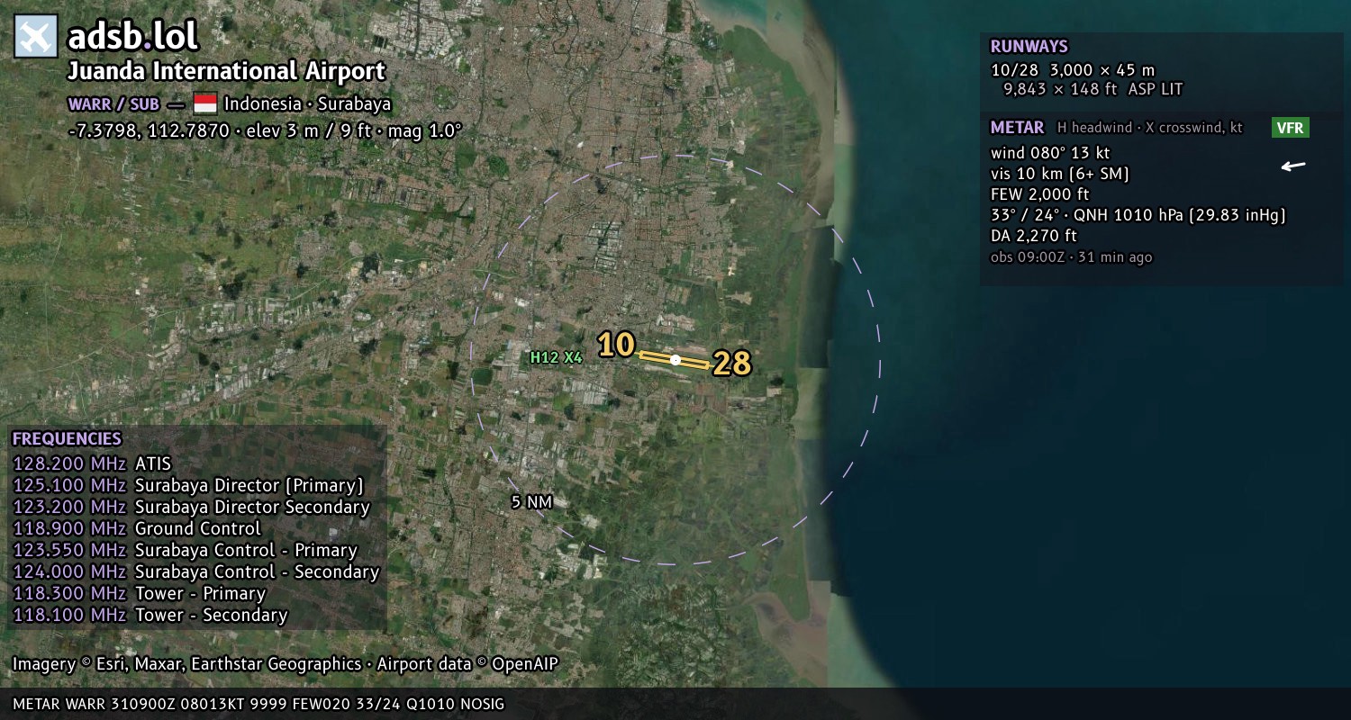 Satellite map with the runway layout of Juanda International Airport (WARR)