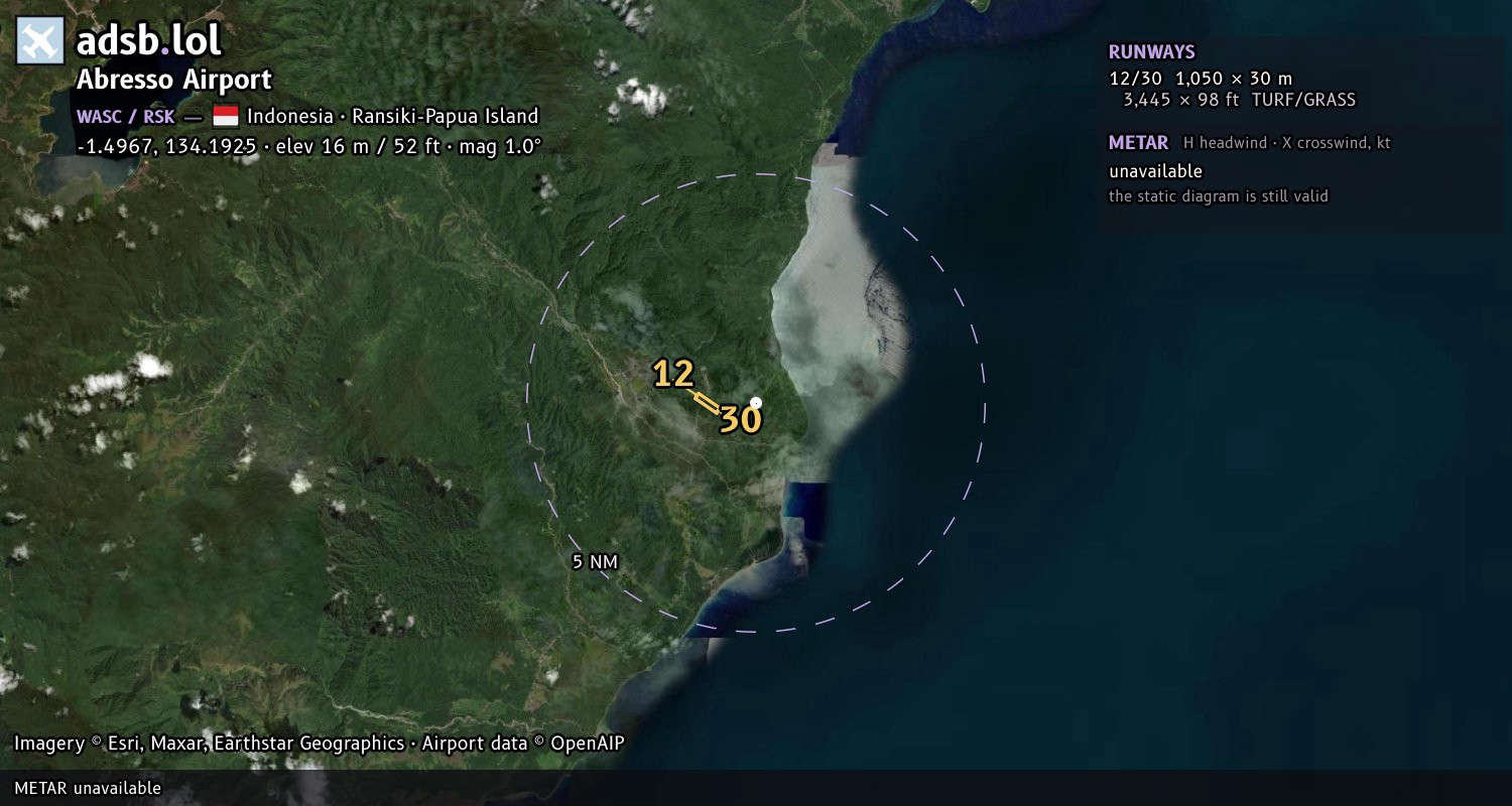 Satellite map with the runway layout of Abresso Airport (WASC)