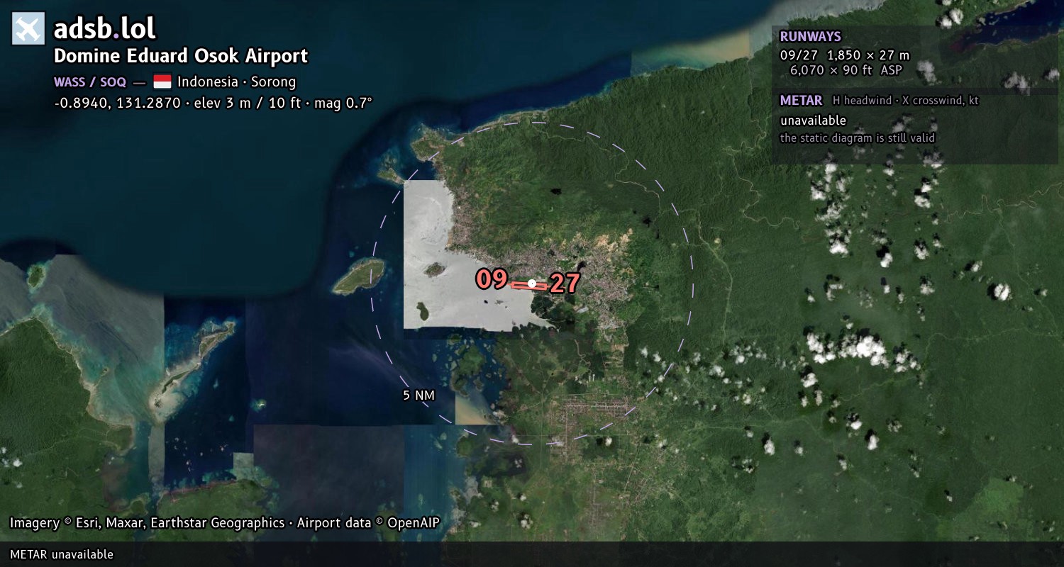 Satellite map with the runway layout of Domine Eduard Osok Airport (WASS)
