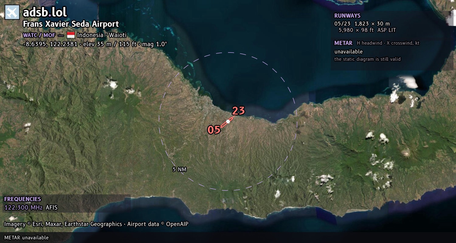 Satellite map with the runway layout of Frans Xavier Seda Airport (WATC)
