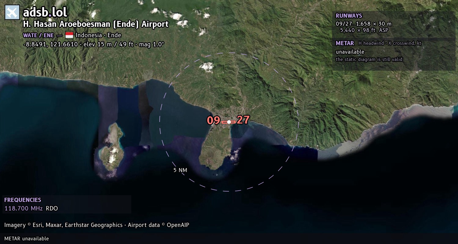 Satellite map with the runway layout of H. Hasan Aroeboesman (Ende) Airport (WATE)
