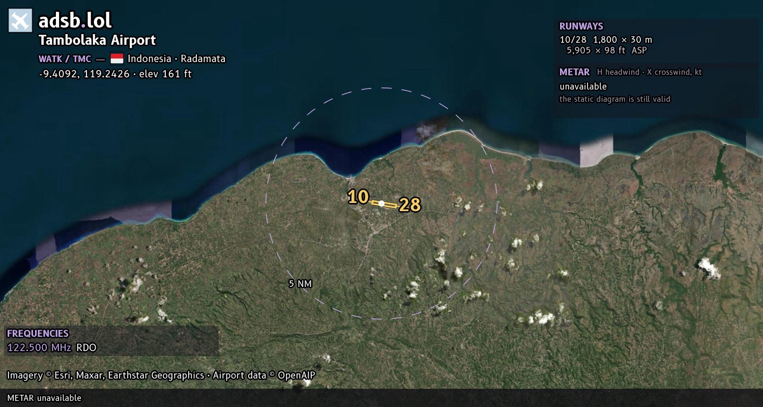 Satellite map with the runway layout of Tambolaka Airport (WATK)
