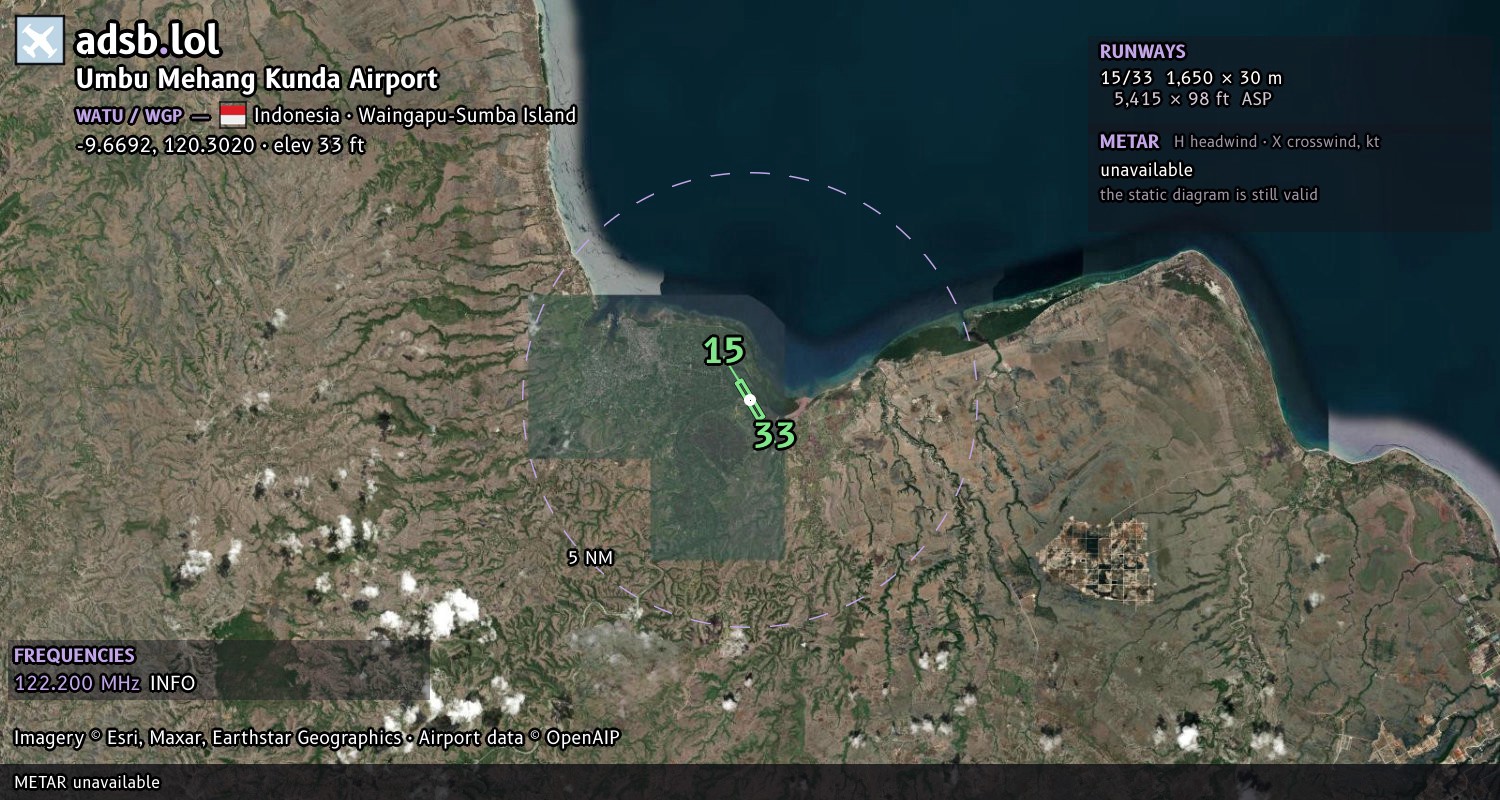 Satellite map with the runway layout of Umbu Mehang Kunda Airport (WATU)