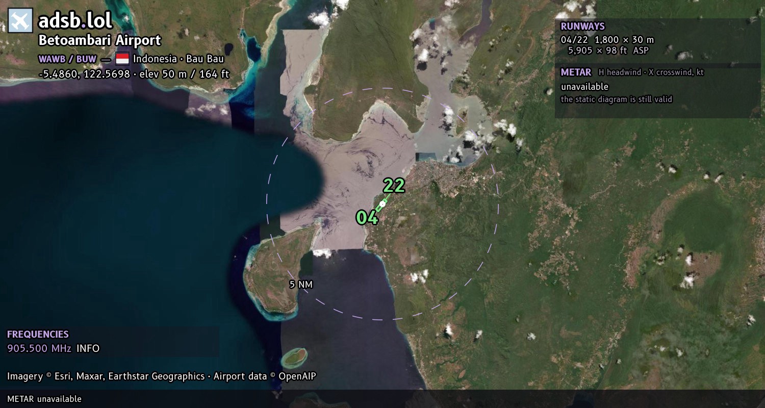 Satellite map with the runway layout of Betoambari Airport (WAWB)