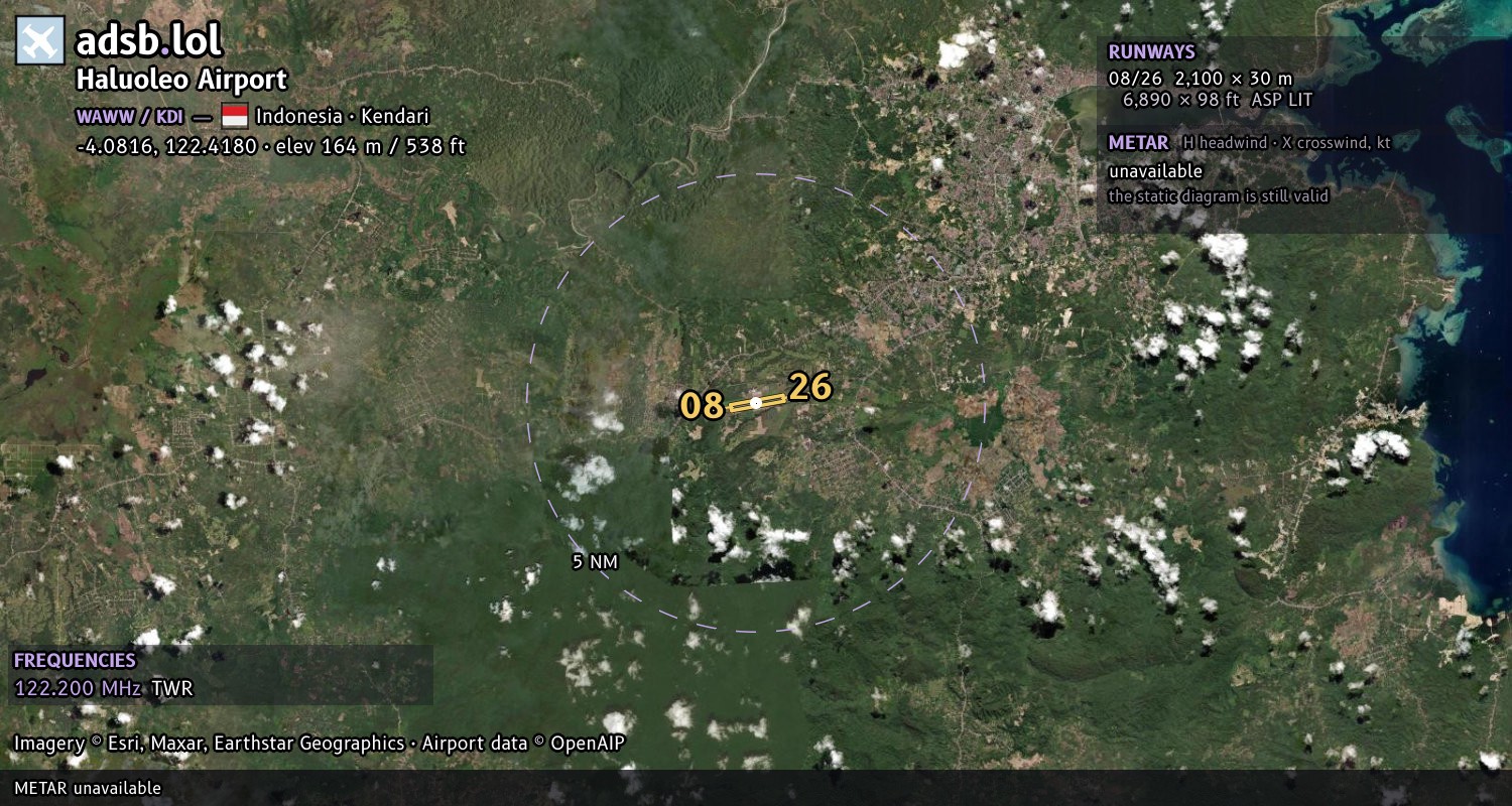 Satellite map with the runway layout of Haluoleo Airport (WAWW)