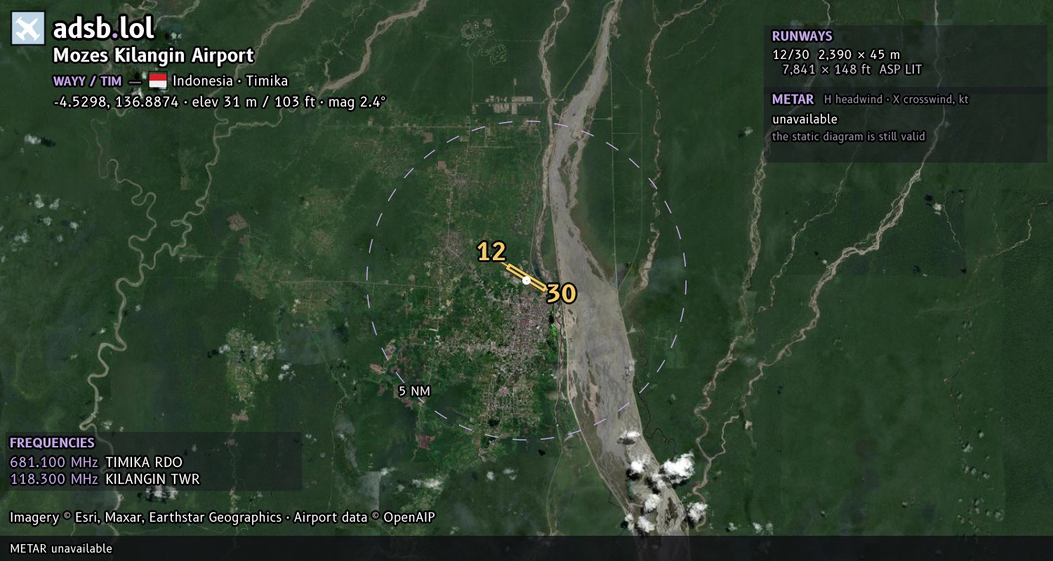 Satellite map with the runway layout of Mozes Kilangin Airport (WAYY)