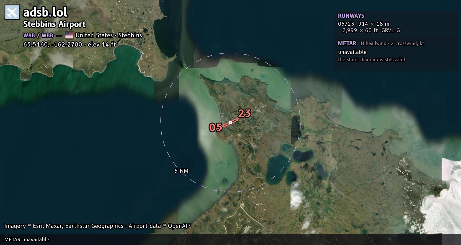 Satellite map with the runway layout of Stebbins Airport (WBB)