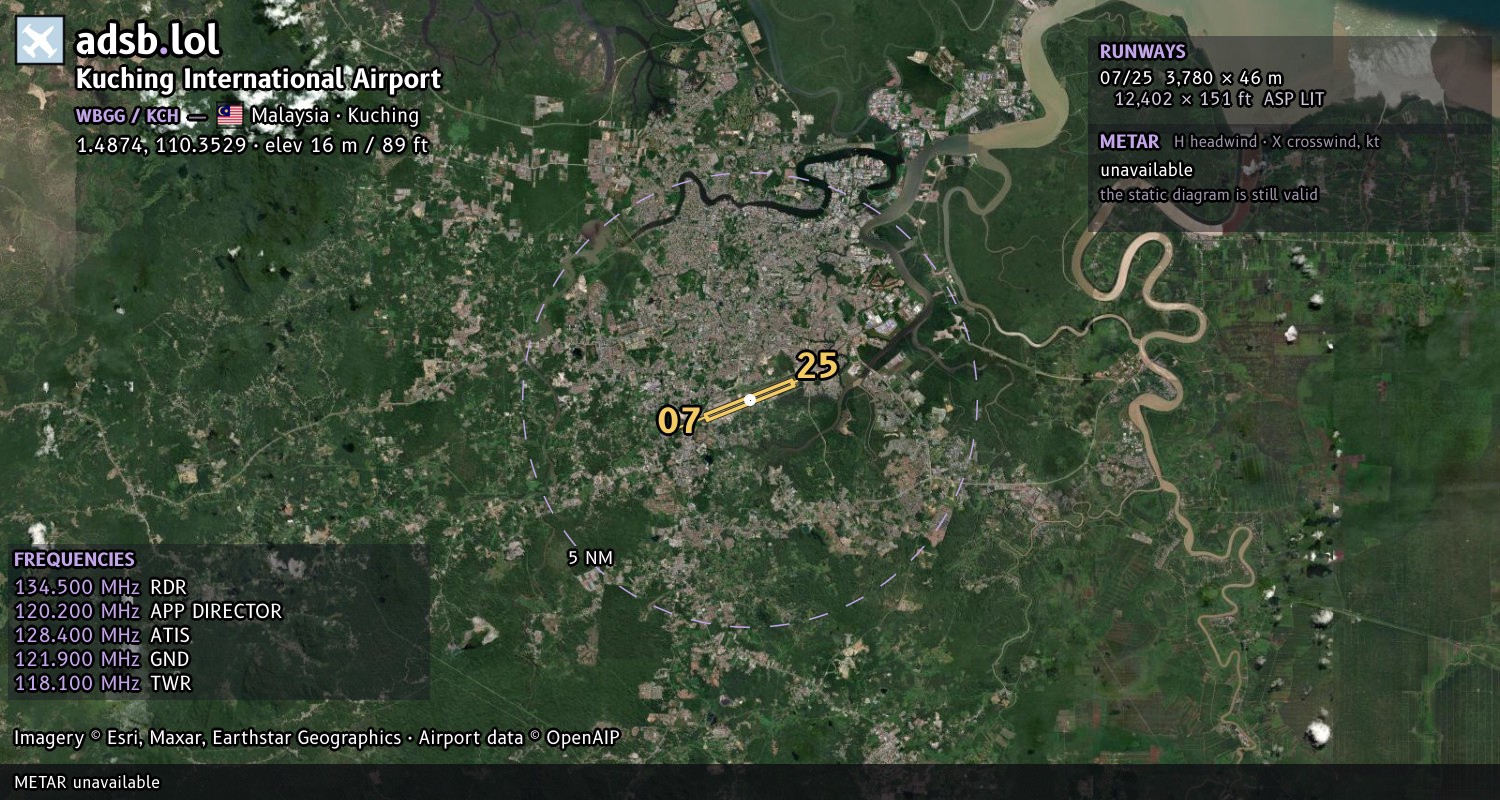 Satellite map with the runway layout of Kuching International Airport (WBGG)