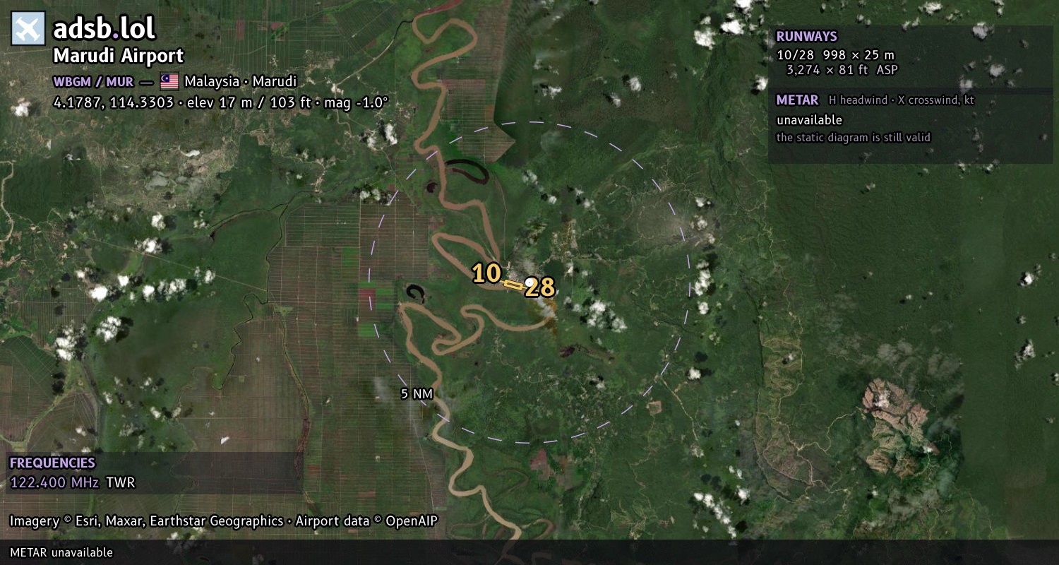 Satellite map with the runway layout of Marudi Airport (WBGM)