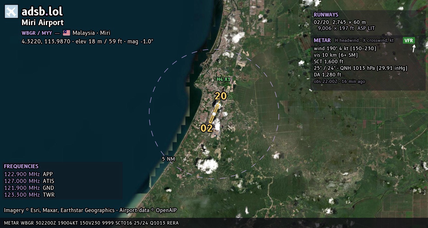 Satellite map with the runway layout of Miri Airport (WBGR)