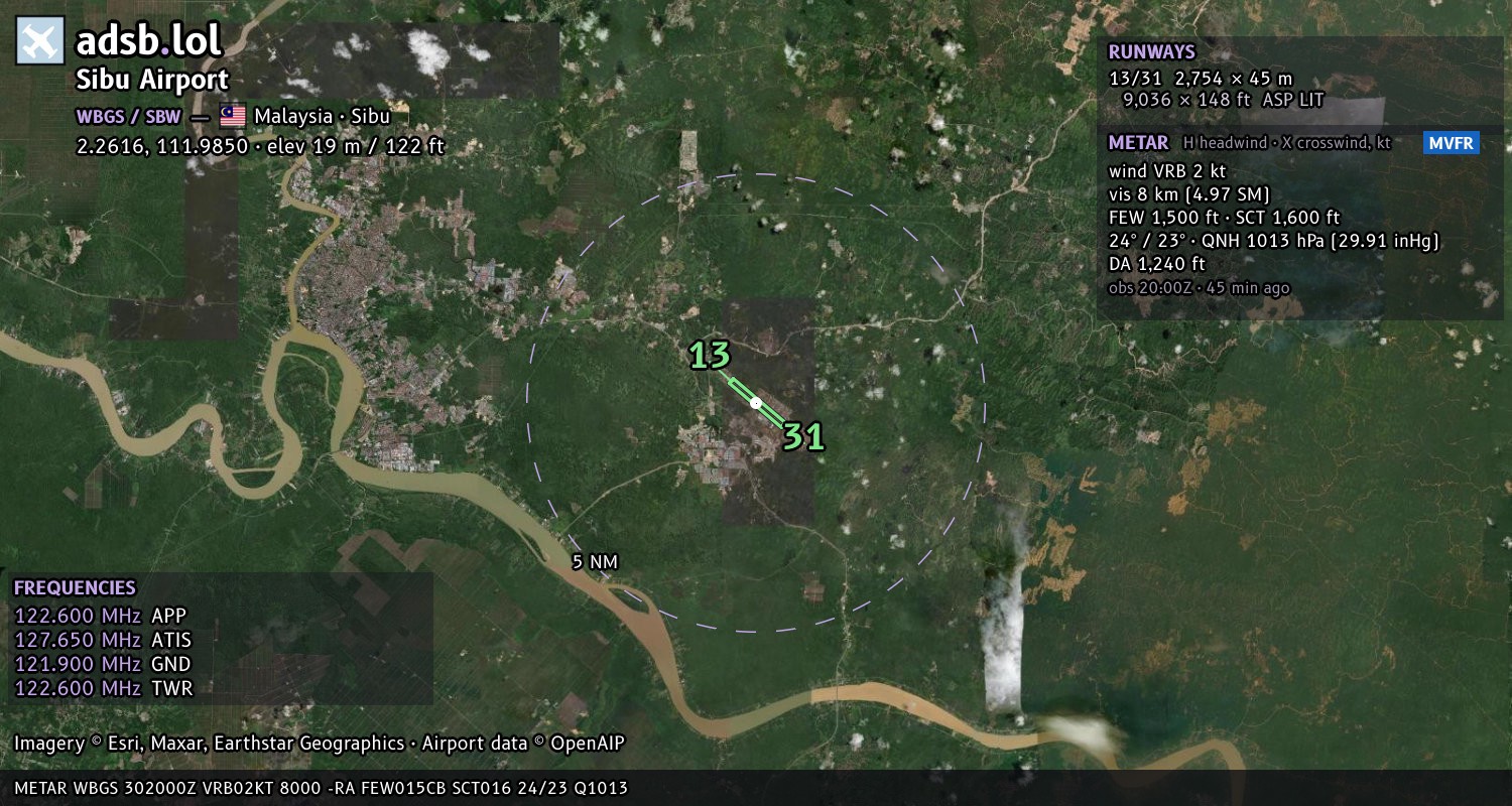 Satellite map with the runway layout of Sibu Airport (WBGS)