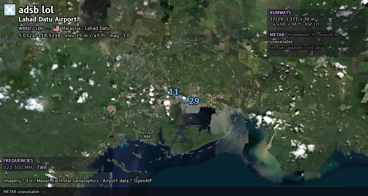 Satellite map with the runway layout of Lahad Datu Airport (WBKD)