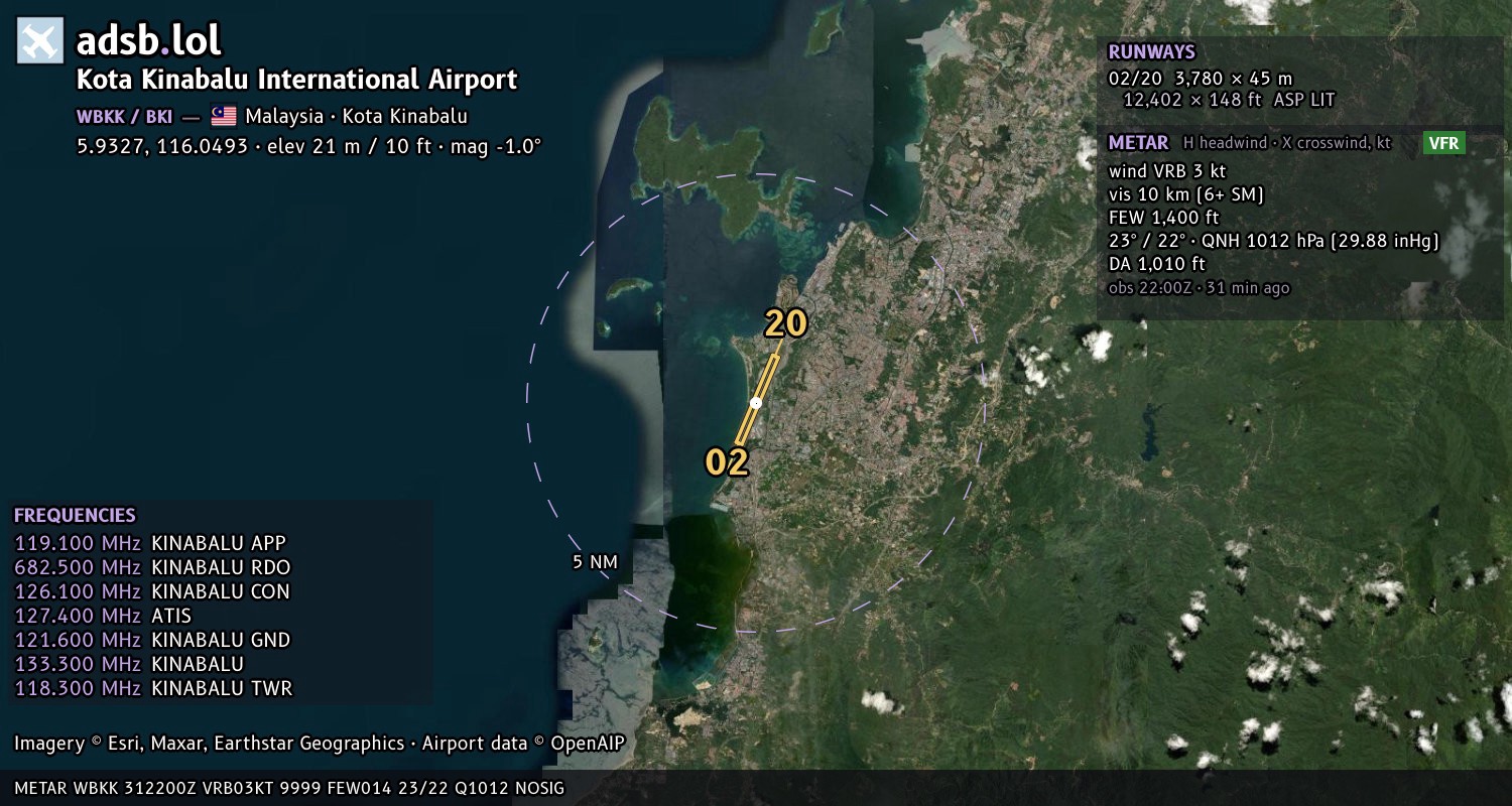 Satellite map with the runway layout of Kota Kinabalu International Airport (WBKK)