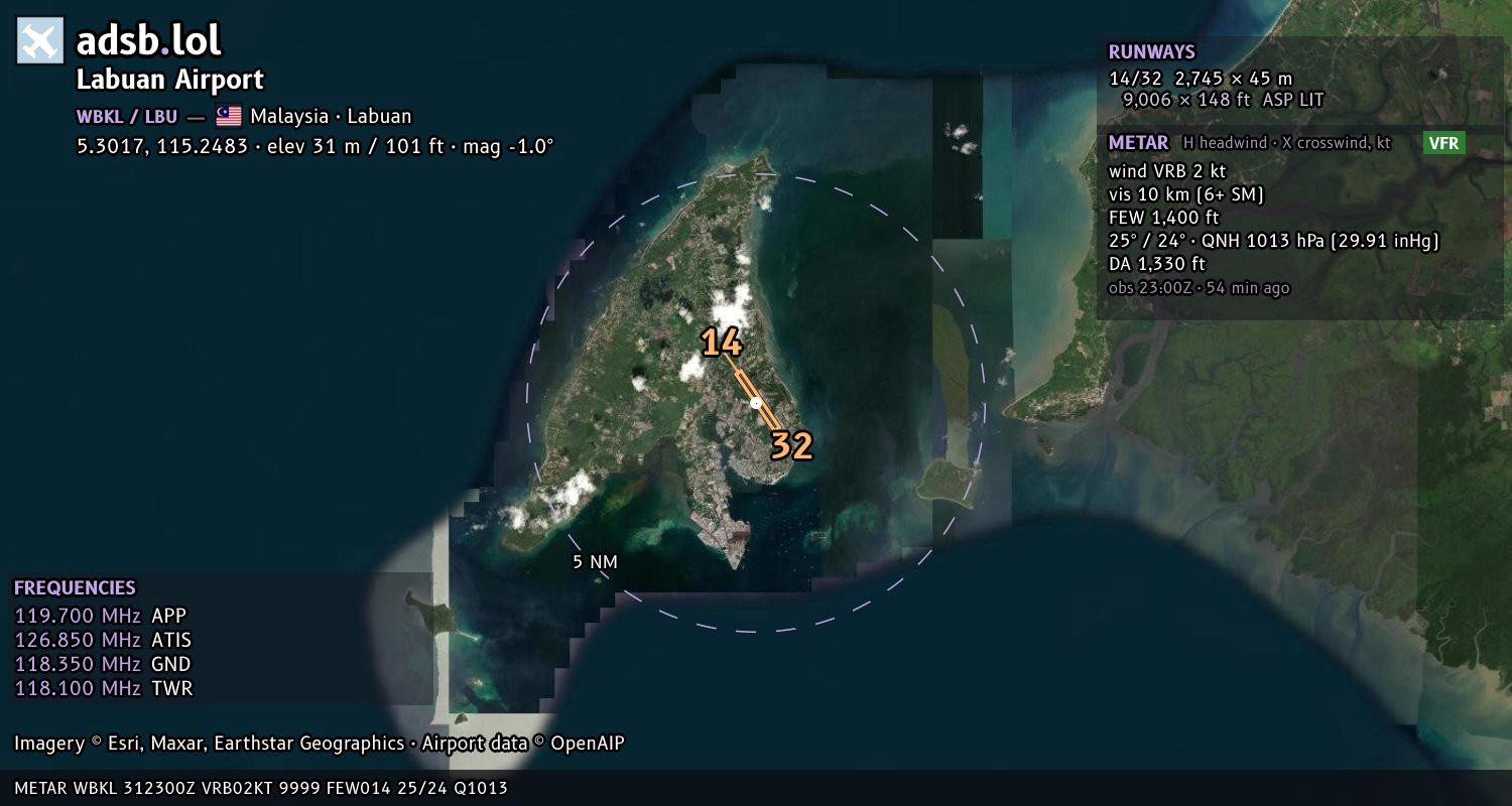 Satellite map with the runway layout of Labuan Airport (WBKL)