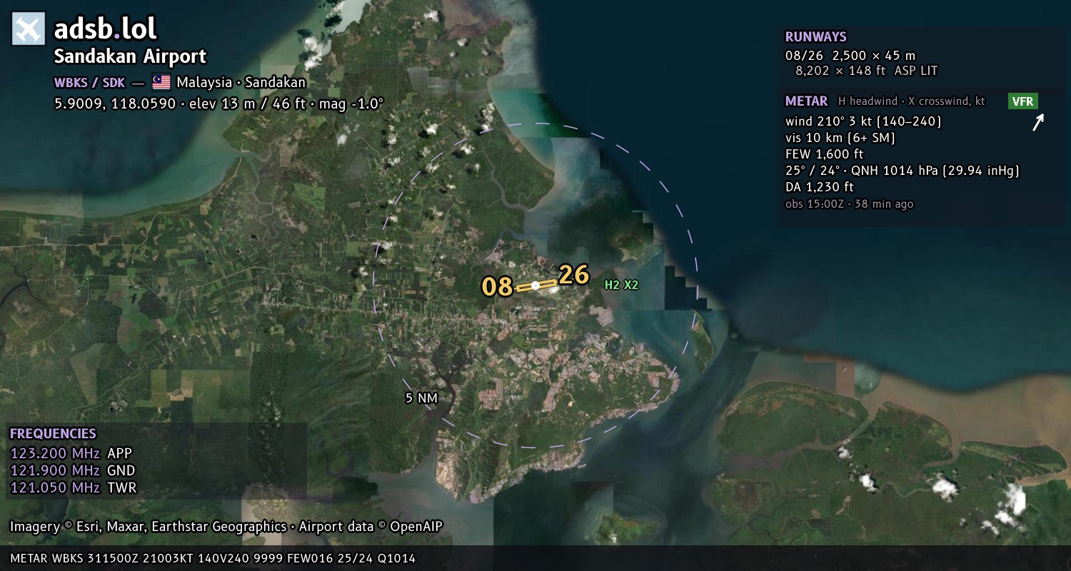 Satellite map with the runway layout of Sandakan Airport (WBKS)