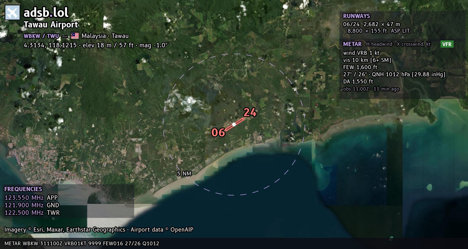 Satellite map with the runway layout of Tawau Airport (WBKW)