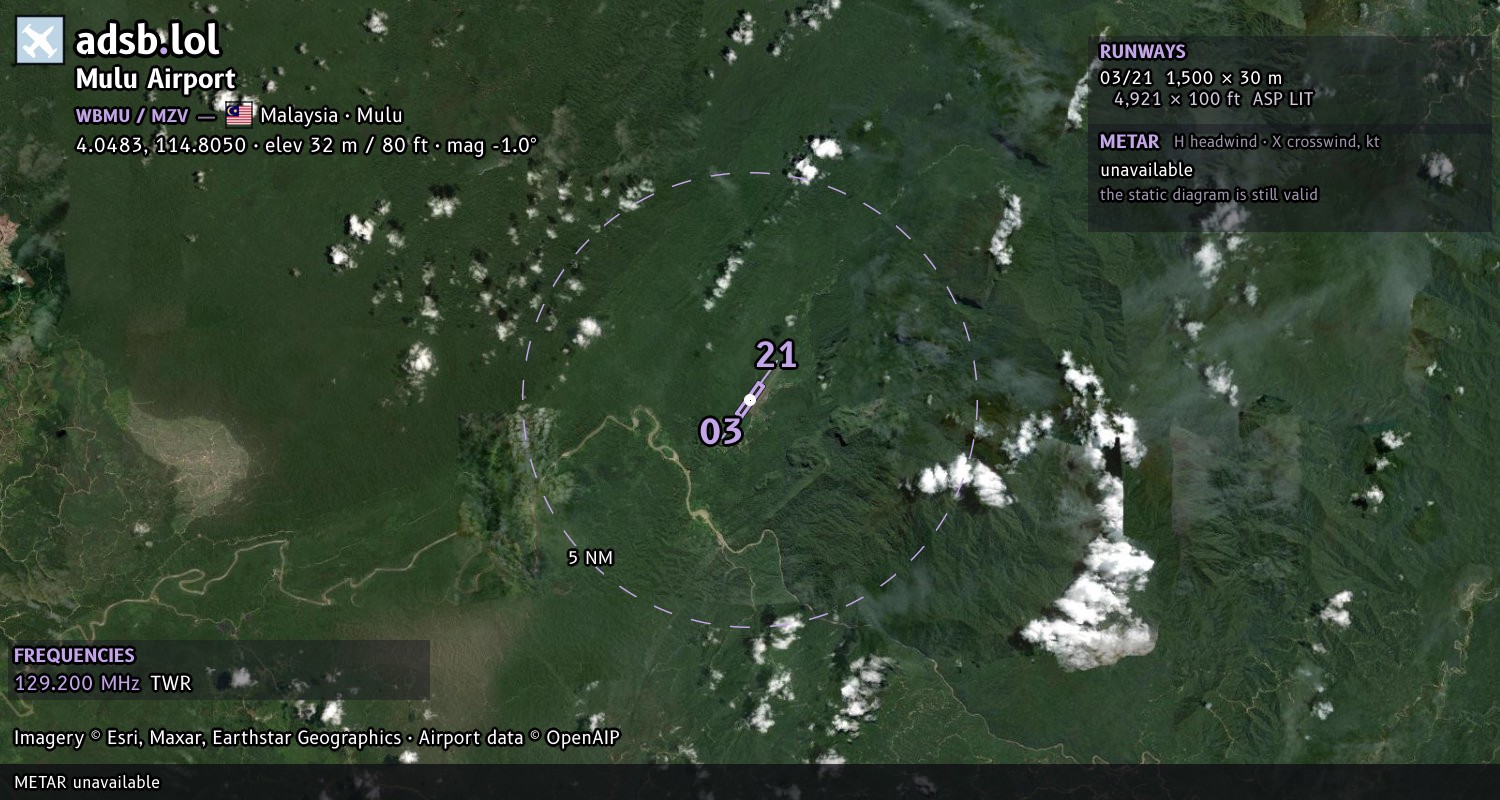 Satellite map with the runway layout of Mulu Airport (WBMU)