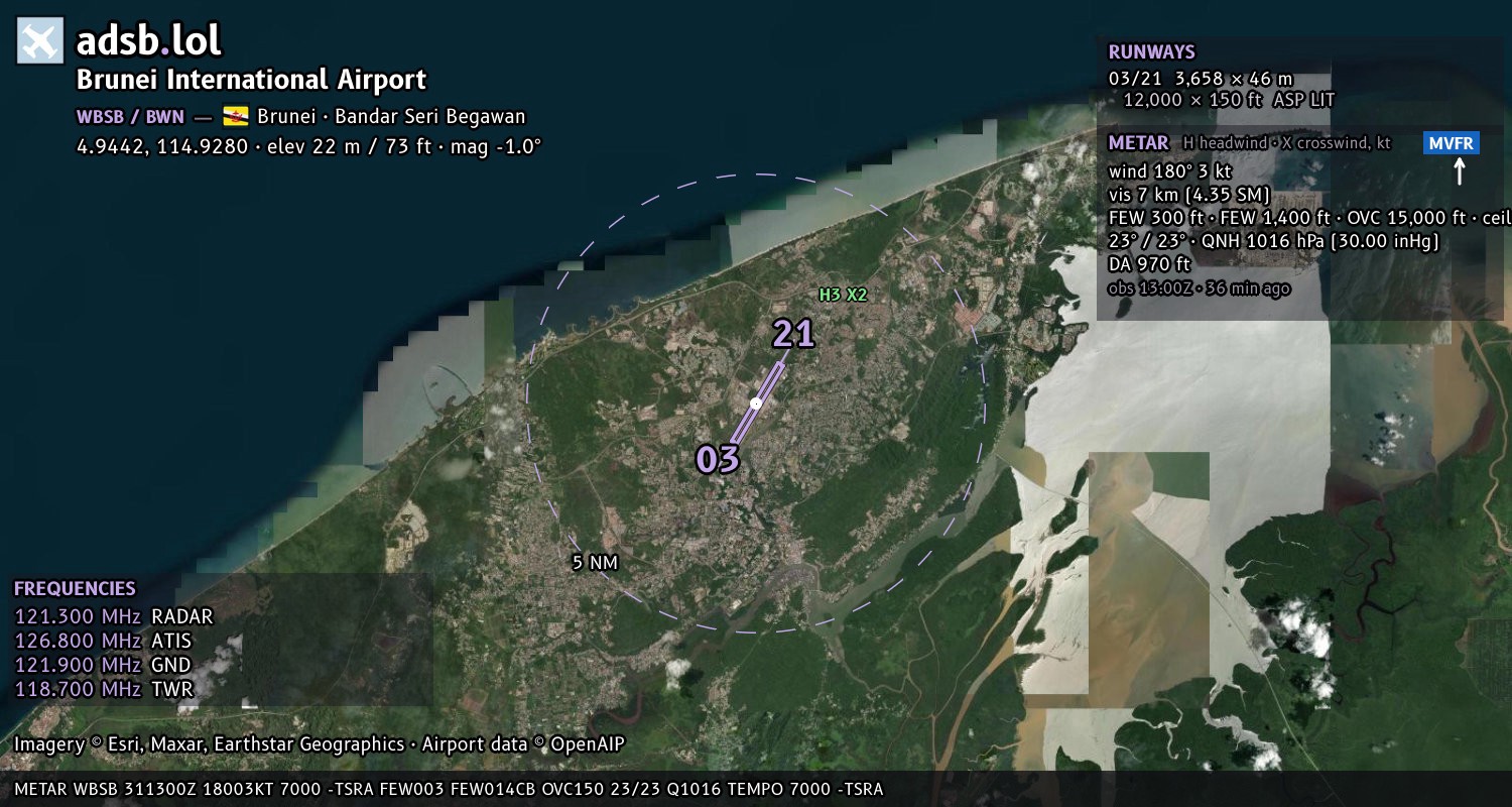 Satellite map with the runway layout of Brunei International Airport (WBSB)