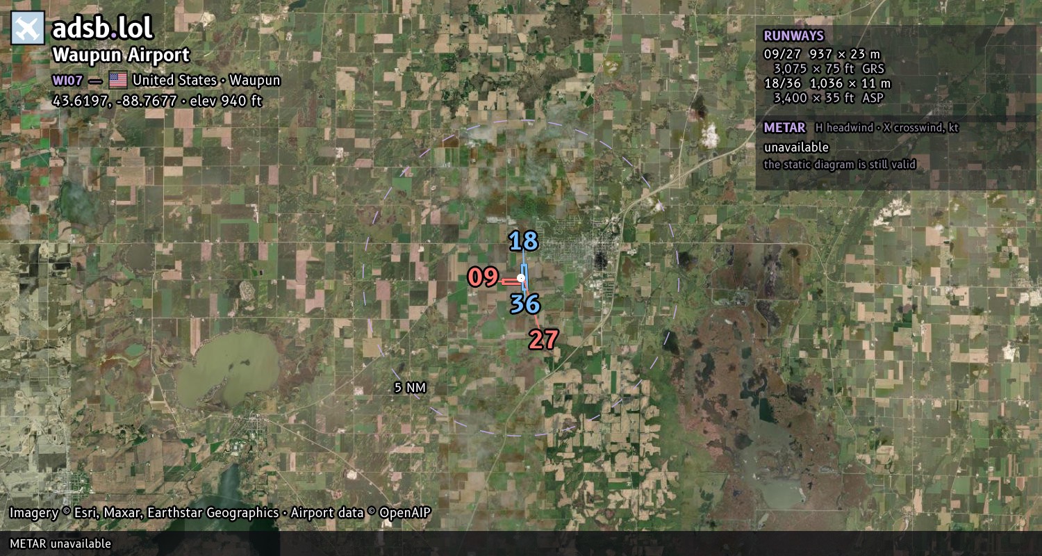 Satellite map with the runway layout of Waupun Airport (WI07)