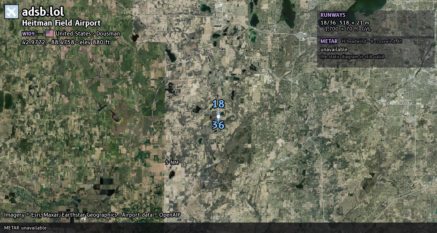 Satellite map with the runway layout of Heitman Field Airport (WI09)