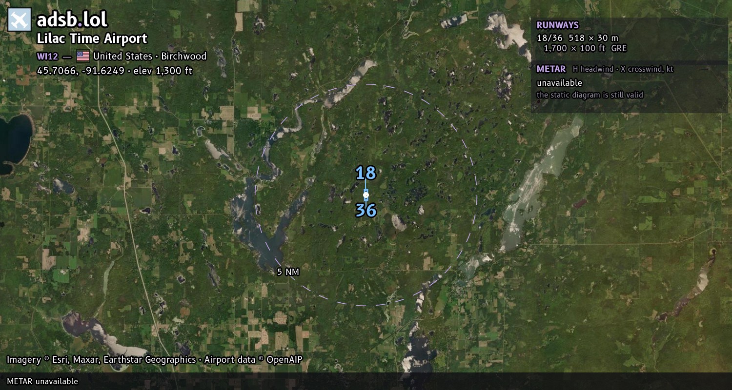 Satellite map with the runway layout of Lilac Time Airport (WI12)