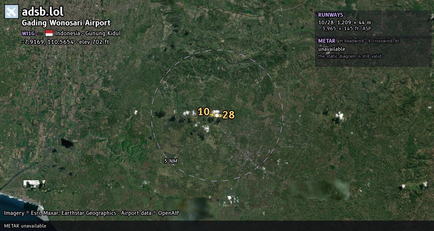 Satellite map with the runway layout of Gading Wonosari Airport (WI1G)