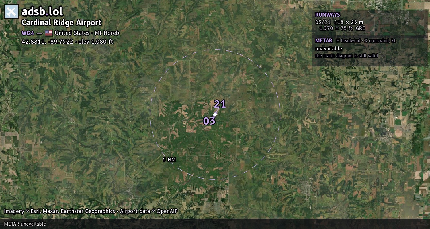 Satellite map with the runway layout of Cardinal Ridge Airport (WI24)
