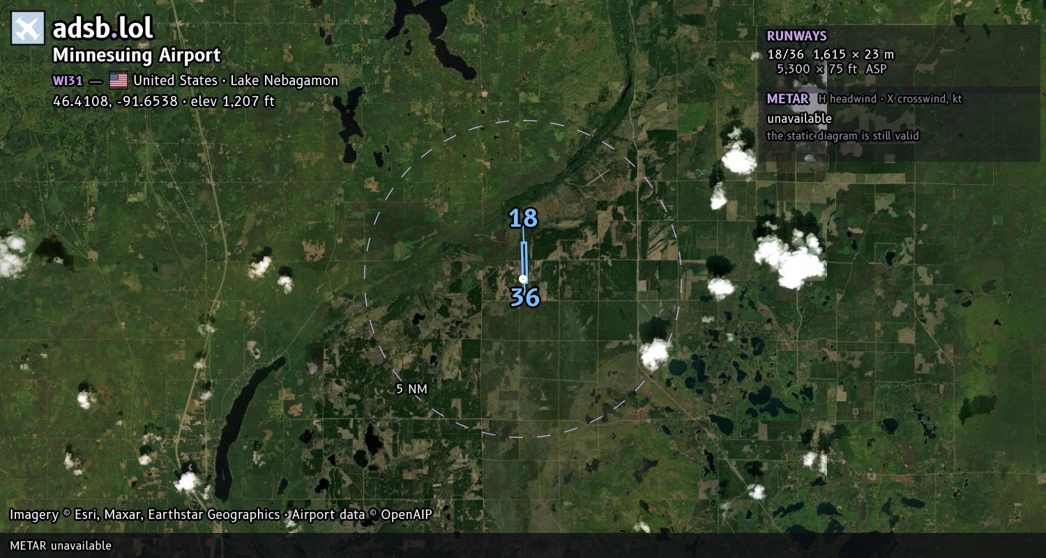 Satellite map with the runway layout of Minnesuing Airport (WI31)