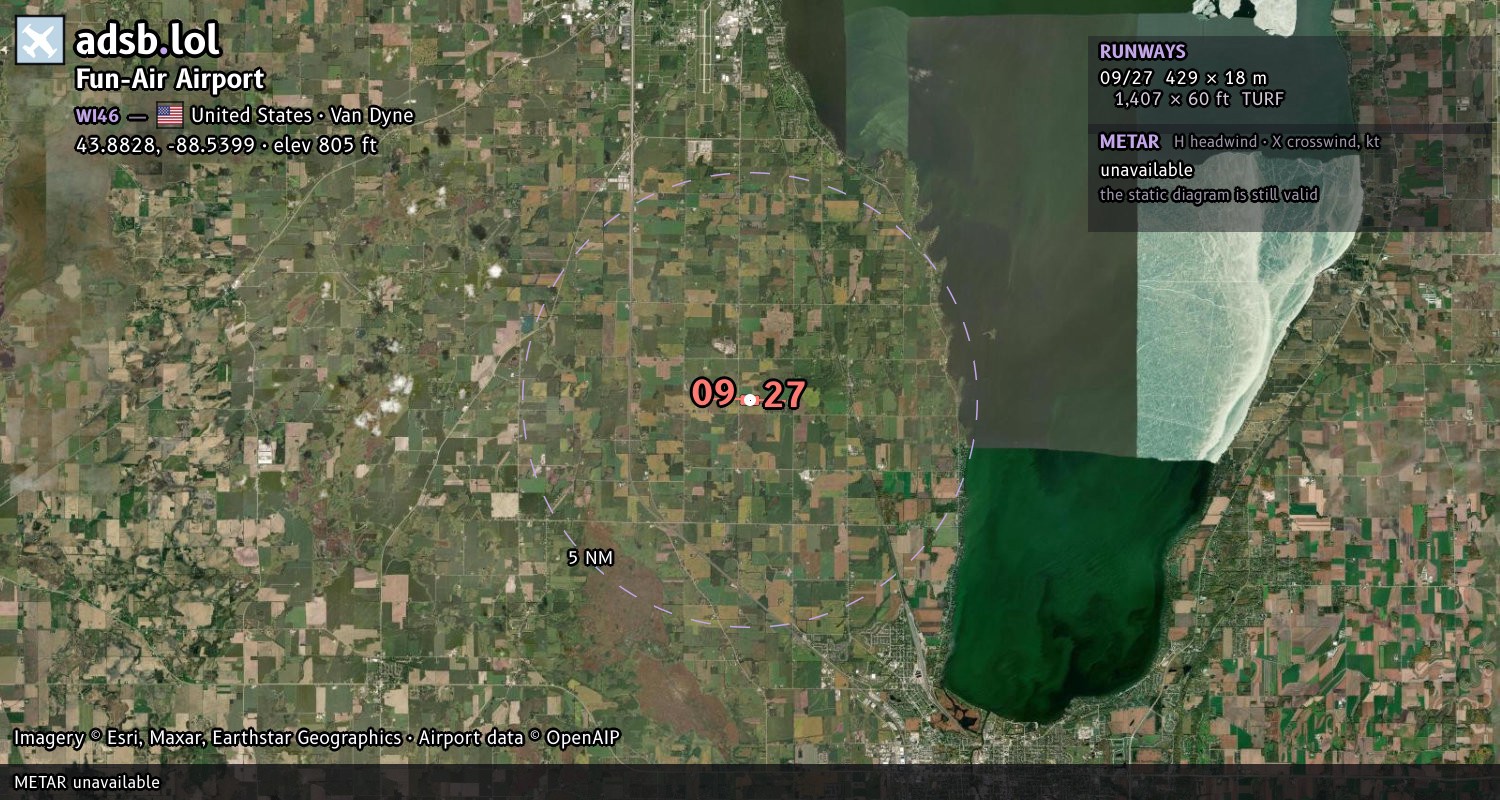 Satellite map with the runway layout of Fun-Air Airport (WI46)