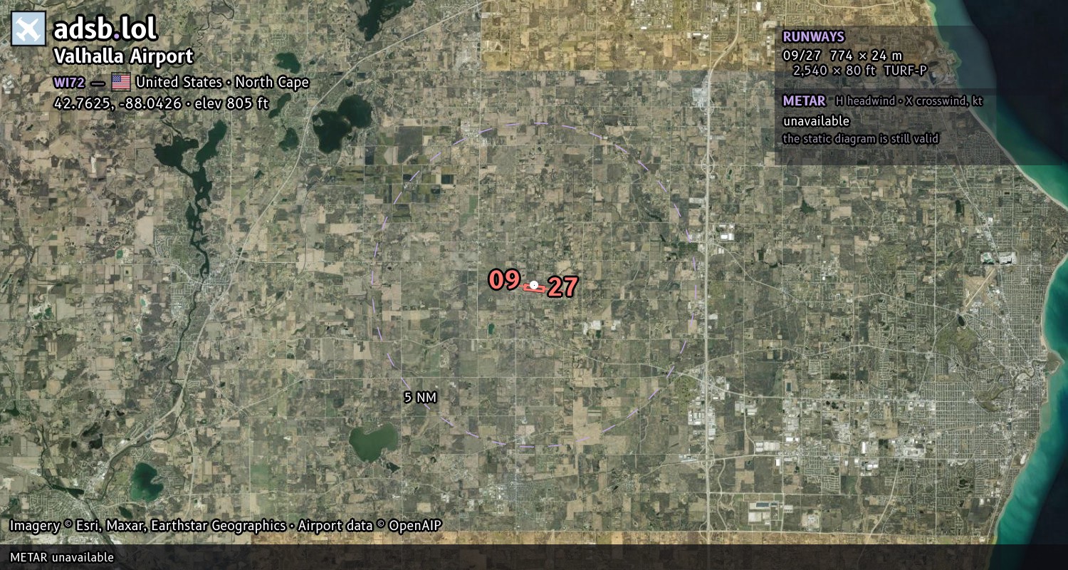 Satellite map with the runway layout of Valhalla Airport (WI72)