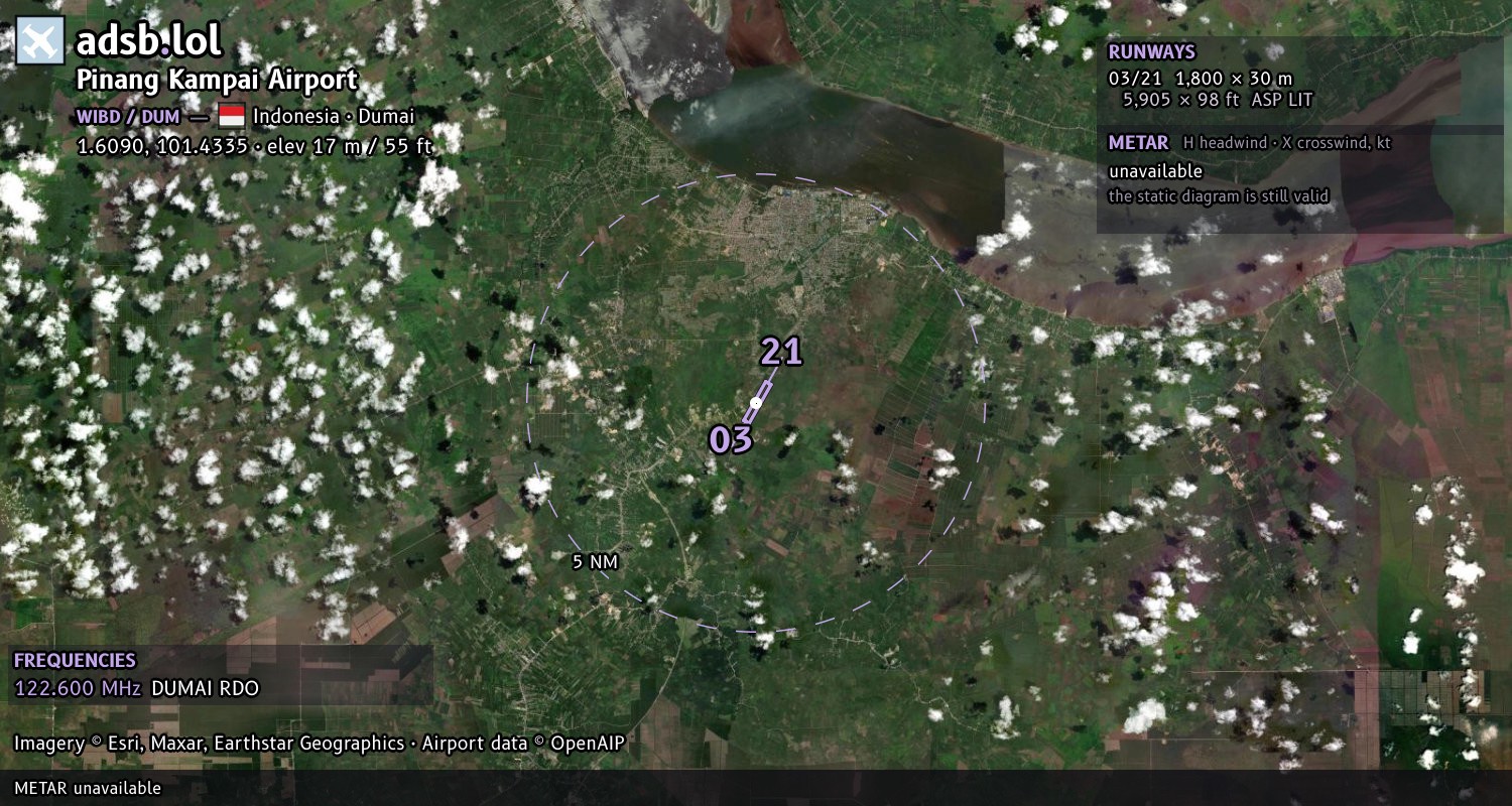 Satellite map with the runway layout of Pinang Kampai Airport (WIBD)