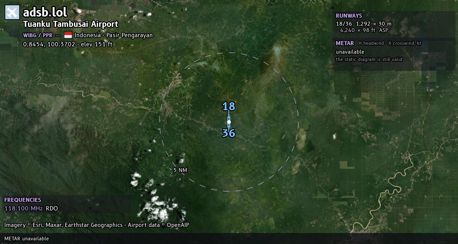 Satellite map with the runway layout of Tuanku Tambusai Airport (WIBG)